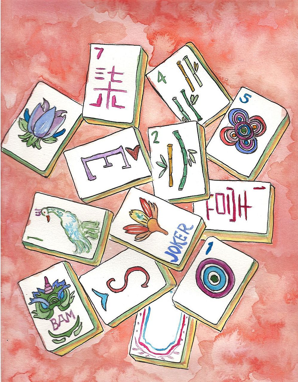 Mahjong Tiles on a sherbet background Card