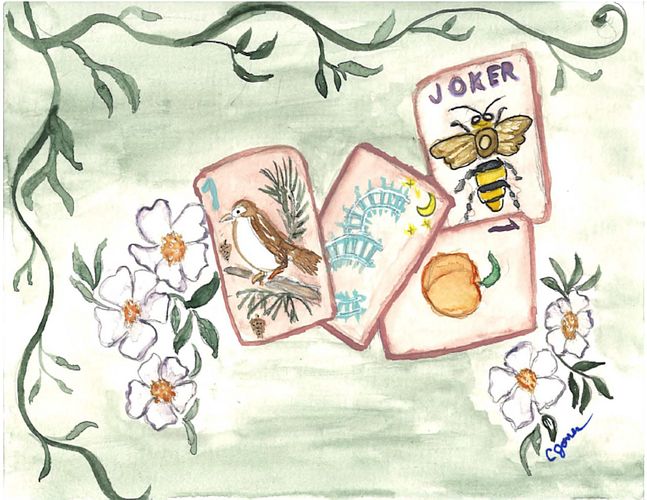 Peaches and Pine Mahjong Tiles on Green Background