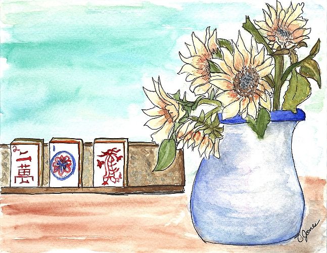 Mahjong Tiles and Sunflowers Card